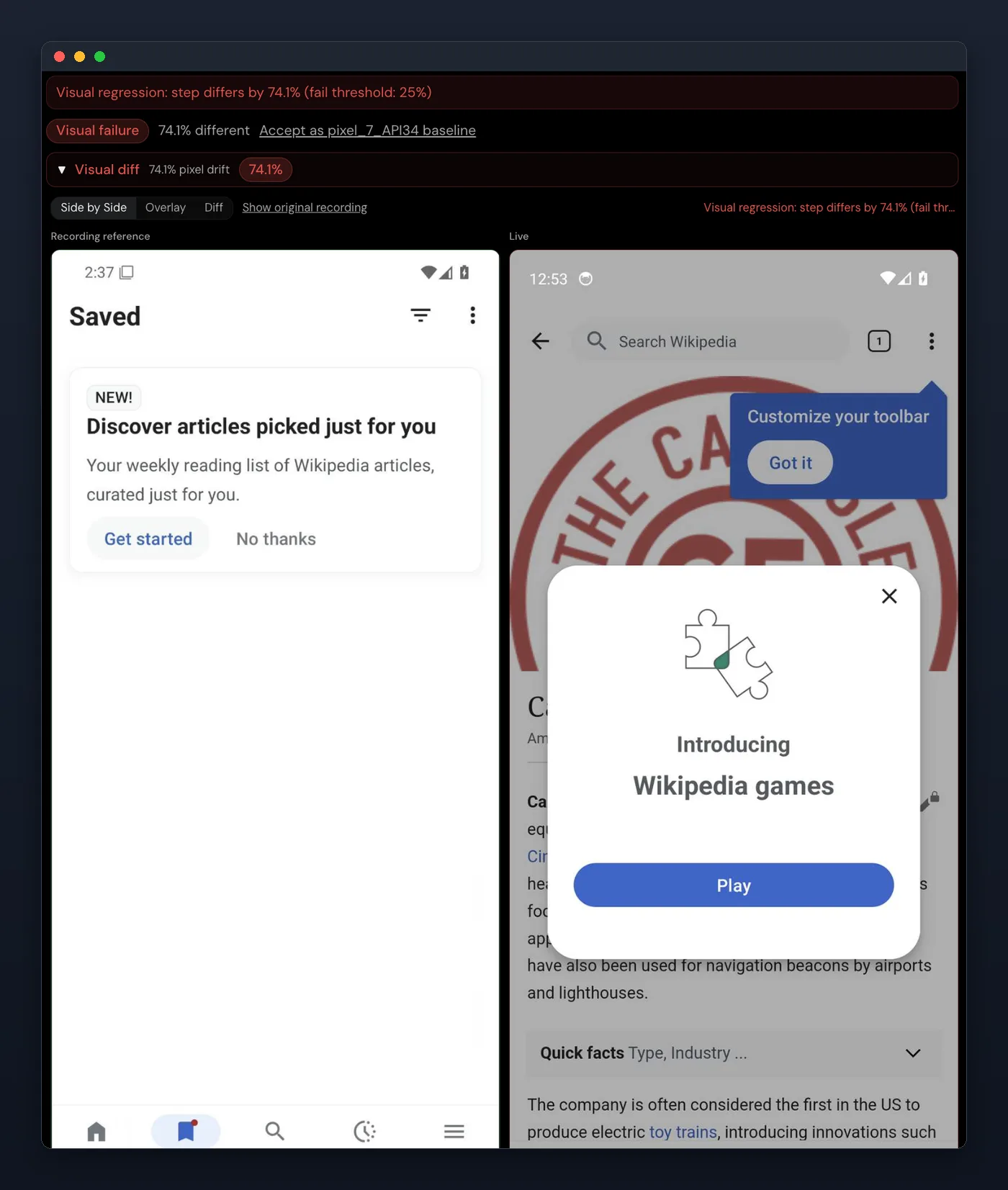 A failed step in a run report. A red banner reads “Visual regression: step differs by 74.1% (fail threshold: 25%)”, beside a “Visual failure” badge, “74.1% different” and an “Accept as pixel_7_API34 baseline” link. Side by Side, Overlay and Diff views are offered; Side by Side shows the recording reference on the left and the live device on the right, where a promotional dialog covers the screen.