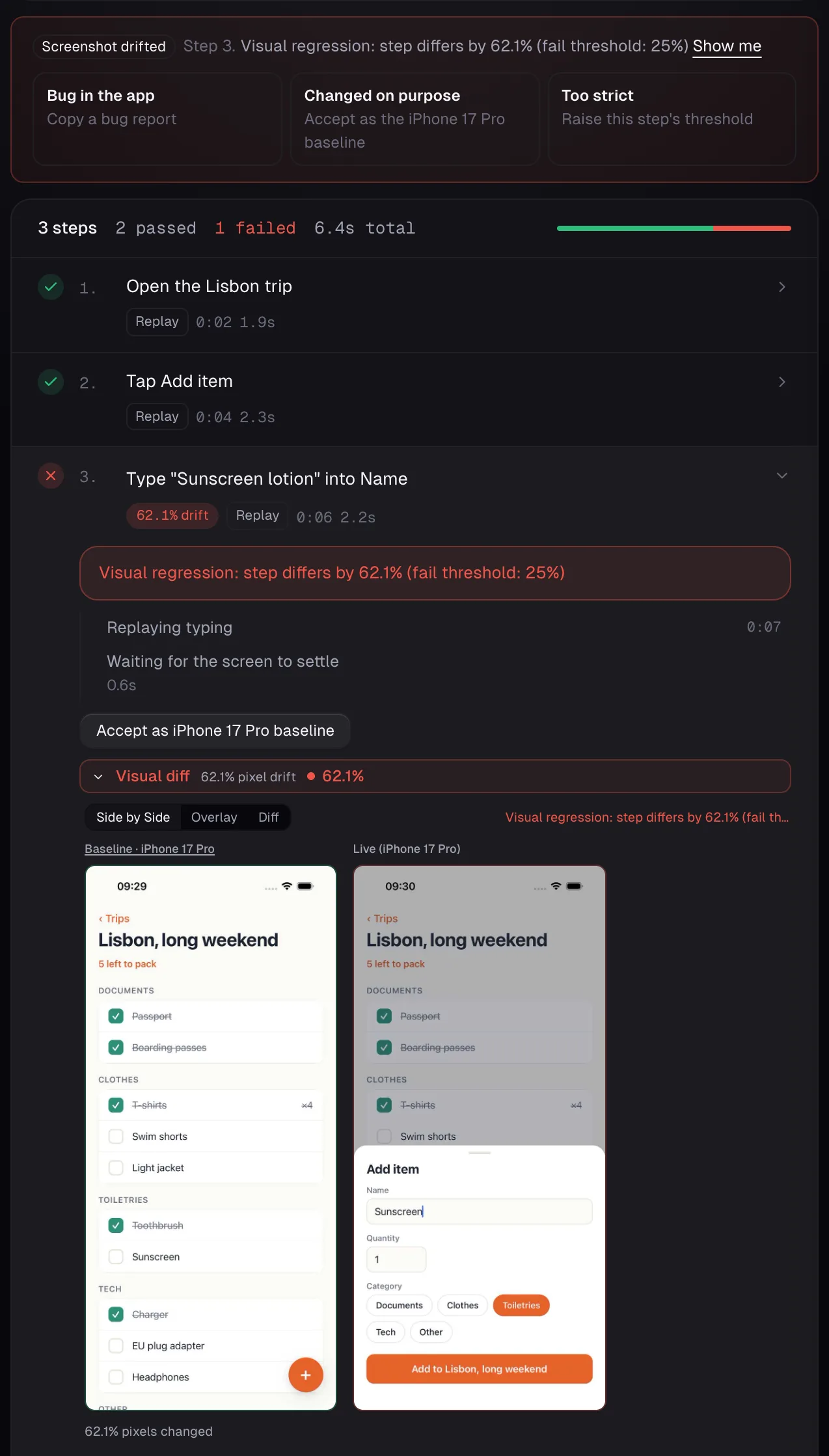 A failed step on the run page: a Screenshot drifted panel for step 3 with Show me and three actions, Bug in the app, Changed on purpose and Too strict. Below it, step 3 expanded with a side-by-side visual diff of the baseline and the live screen, 62.1 percent changed.