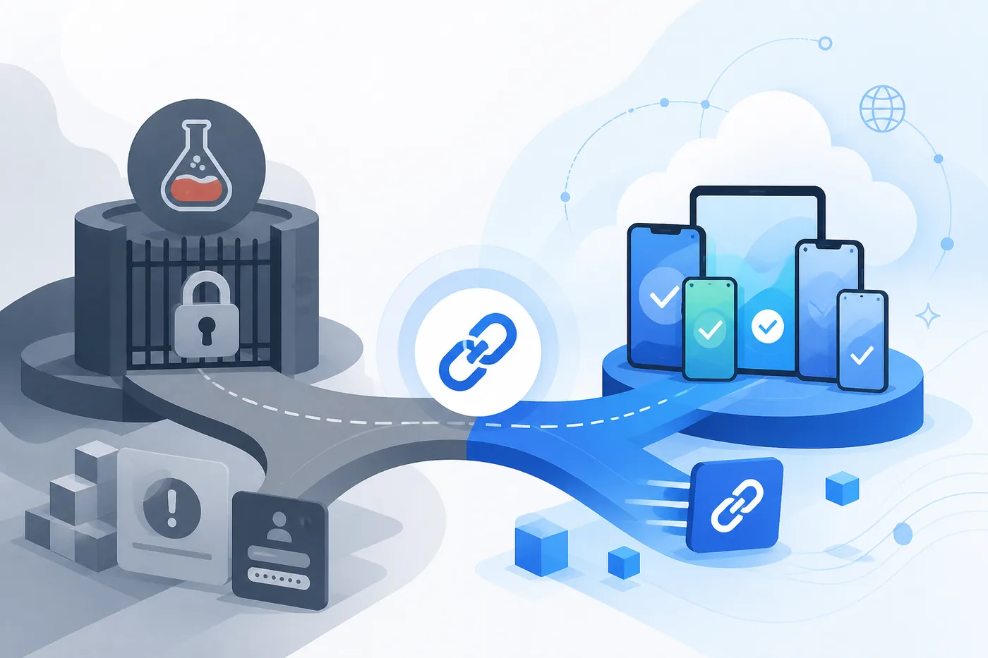 Illustration of a locked corporate testing dashboard beside an open browser window playing a live phone screen