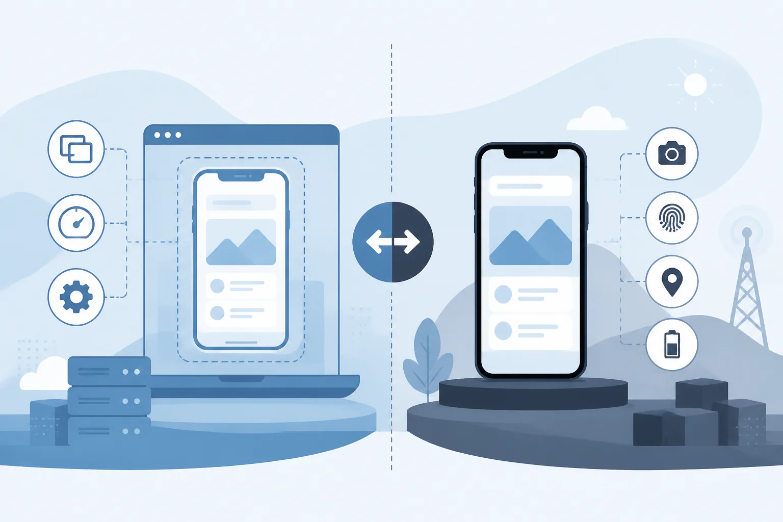 A split illustration contrasting a simulated iPhone running on a laptop with a physical iPhone on a test bench
