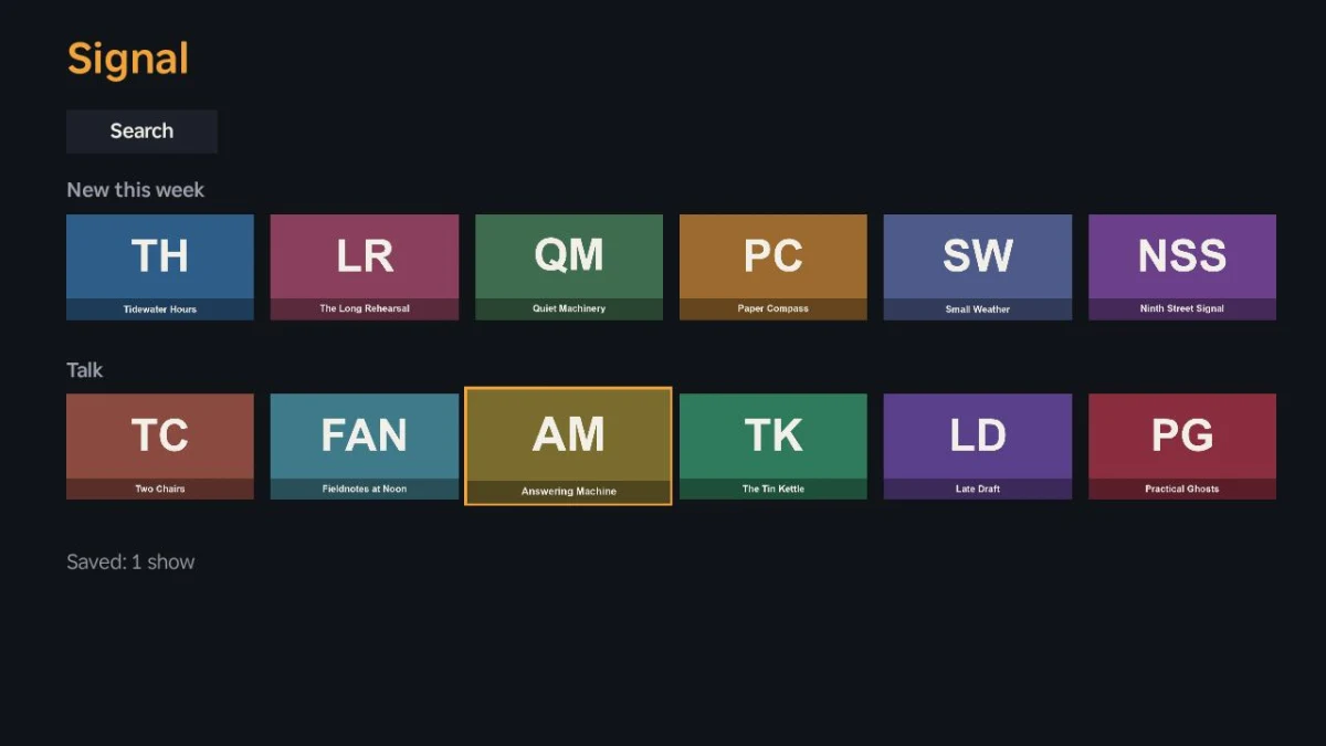 Signal's Home screen on the Roku: an orange Signal heading, a Search button, two rows of six colour-block tiles with initials and titles, the Answering Machine tile outlined in orange, and a Saved: 1 show line at the bottom.