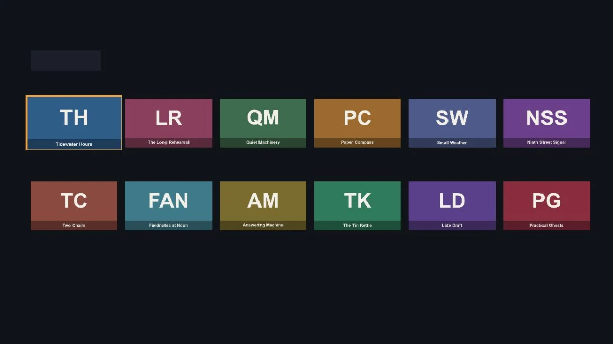 Signal's first launch on the Roku: twelve coloured show tiles in two rows, but no heading, no row labels, no Search label and no Saved count. Every piece of text is missing.