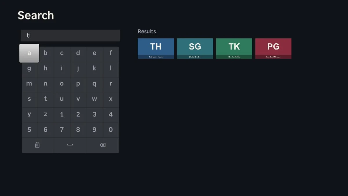 Signal's Search screen on the Roku: a text box reading ti above the Roku on-screen keyboard with its a key highlighted, and to the right a Results row of four tiles: TH, SG, TK and PG.