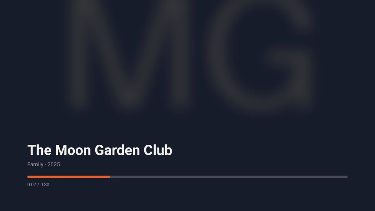 Marquee's Now playing screen on Android TV: a darkened poster background, the title The Moon Garden Club, Family 2025, and a thin progress bar with a time readout.