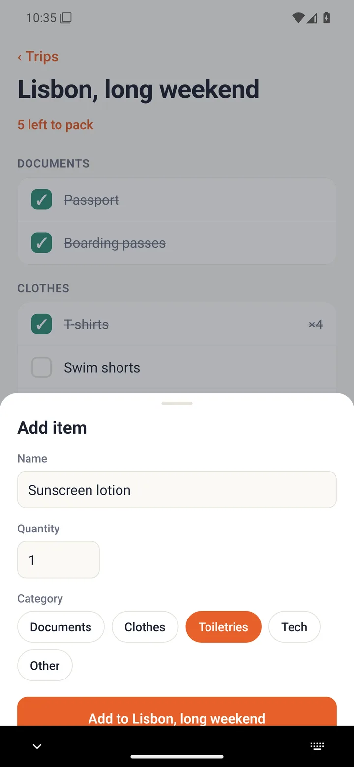 Kitlist on a streamed Pixel: the add-item bottom sheet with Sunscreen lotion typed in, quantity 1, the Toiletries chip selected, and an Add to Lisbon, long weekend button.