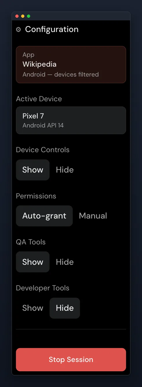 The Configuration sidebar of a running device session: the app under test (Wikipedia, “Android — devices filtered”), an Active Device of Pixel 7 on Android API 14, Show/Hide toggles for Device Controls, QA Tools and Developer Tools, a Permissions choice of Auto-grant or Manual, and a red Stop Session button.