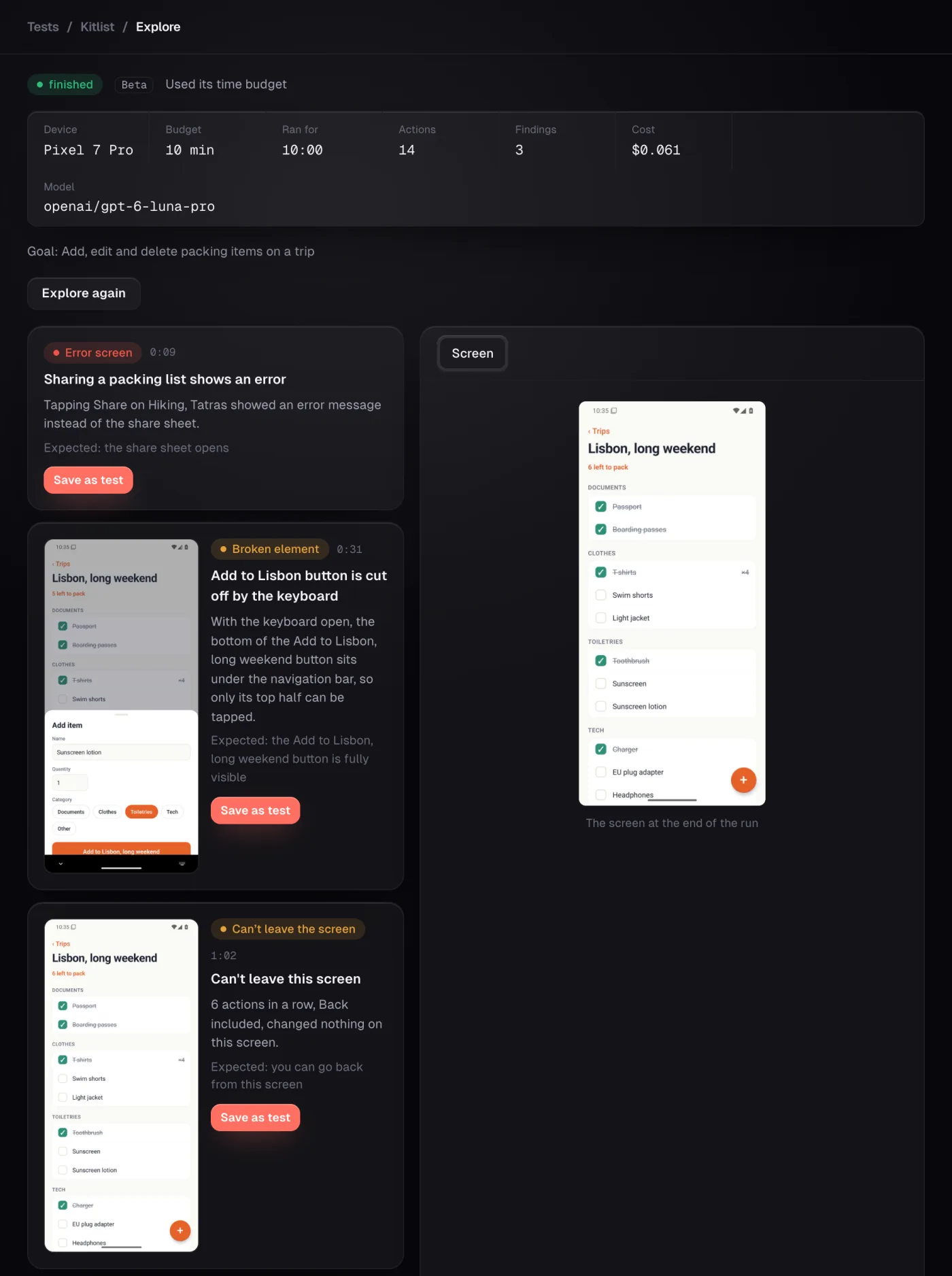 An Explore run page for a sample app, marked Beta and finished: a 10 minute budget, 14 actions and 3 findings. The findings are an Error screen, a Broken element and Can't leave the screen, each with a Save as test button, beside the screen at the end of the run.