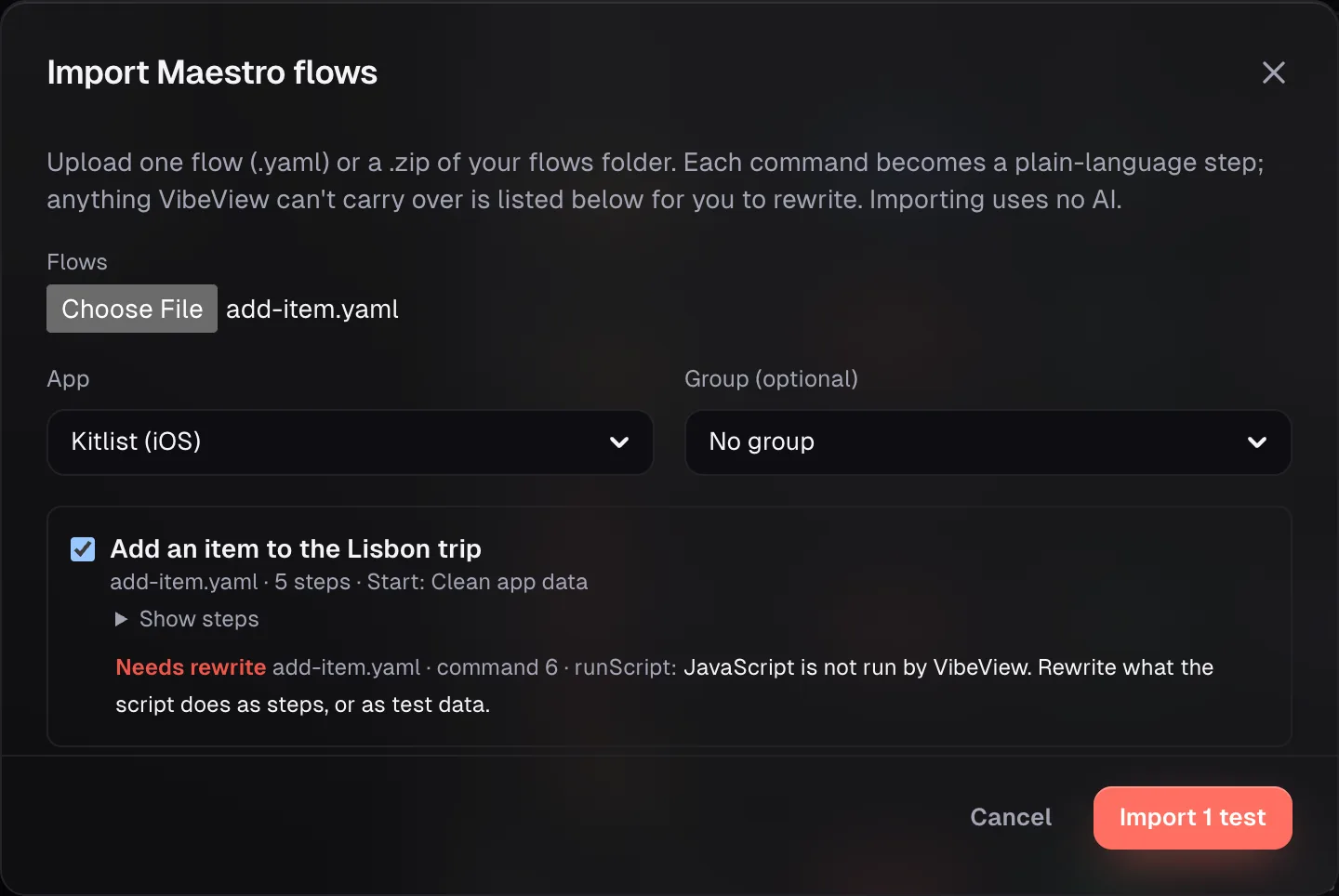 The Import Maestro flows dialog after Preview: the file add-item.yaml, the app Kitlist (iOS), one test 'Add an item to the Lisbon trip' with 5 steps and the start state Clean app data, a Needs rewrite line for a runScript command, and an Import 1 test button.