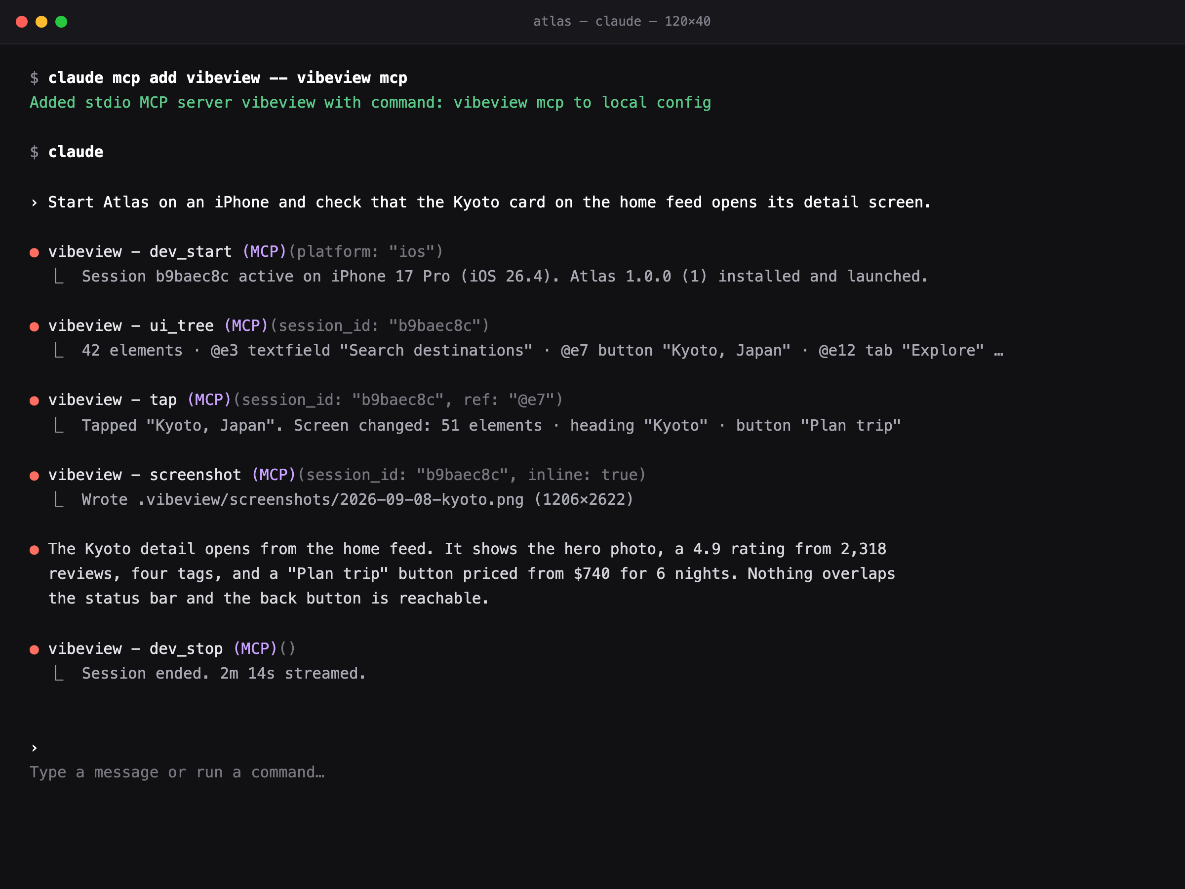 A terminal running Claude Code against a live VibeView session, showing tool calls