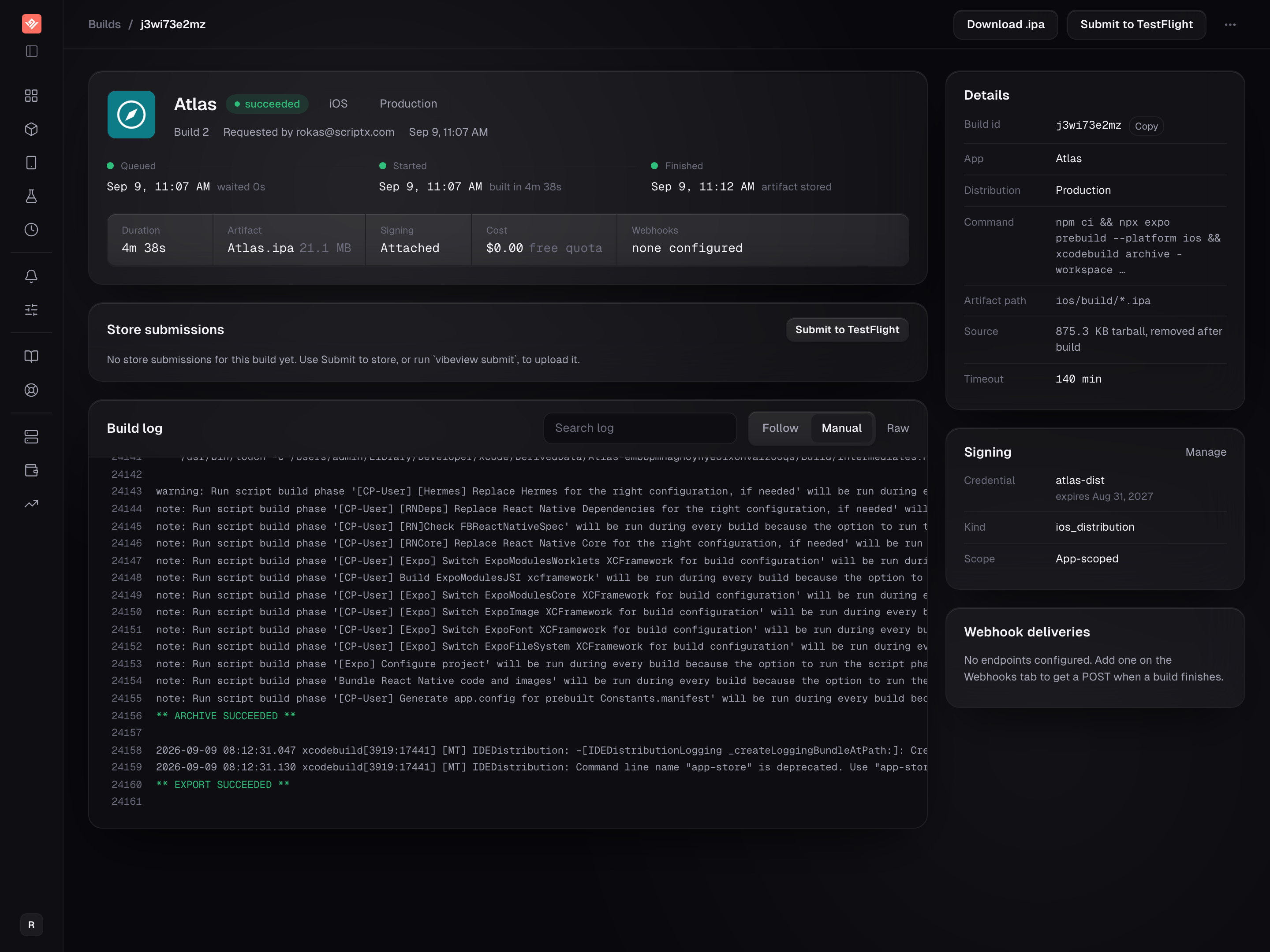 The build detail page showing a finished production iOS build with its signing and submit status