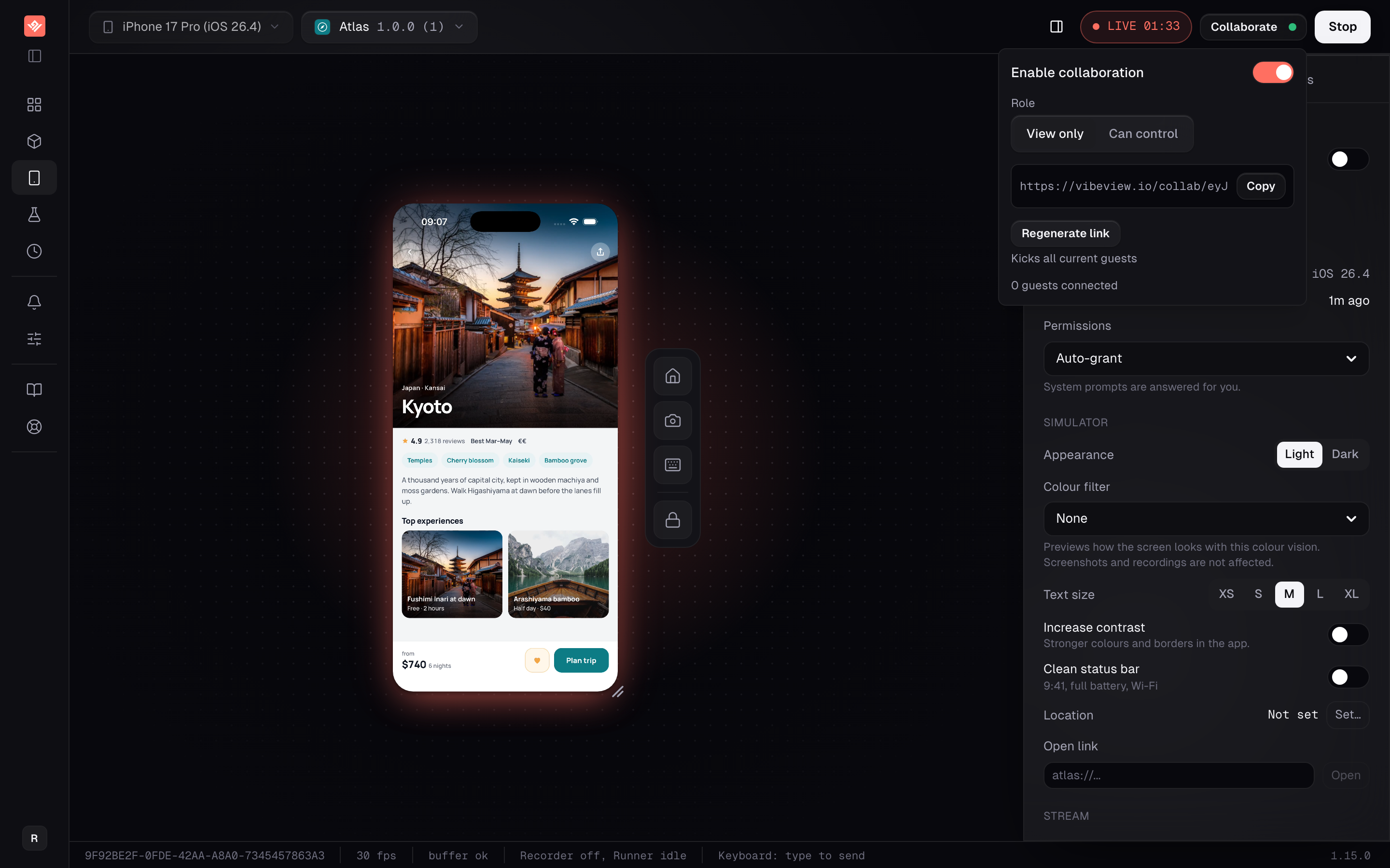 A live session with the collaborate panel open, showing the invite link and the people currently watching the same device