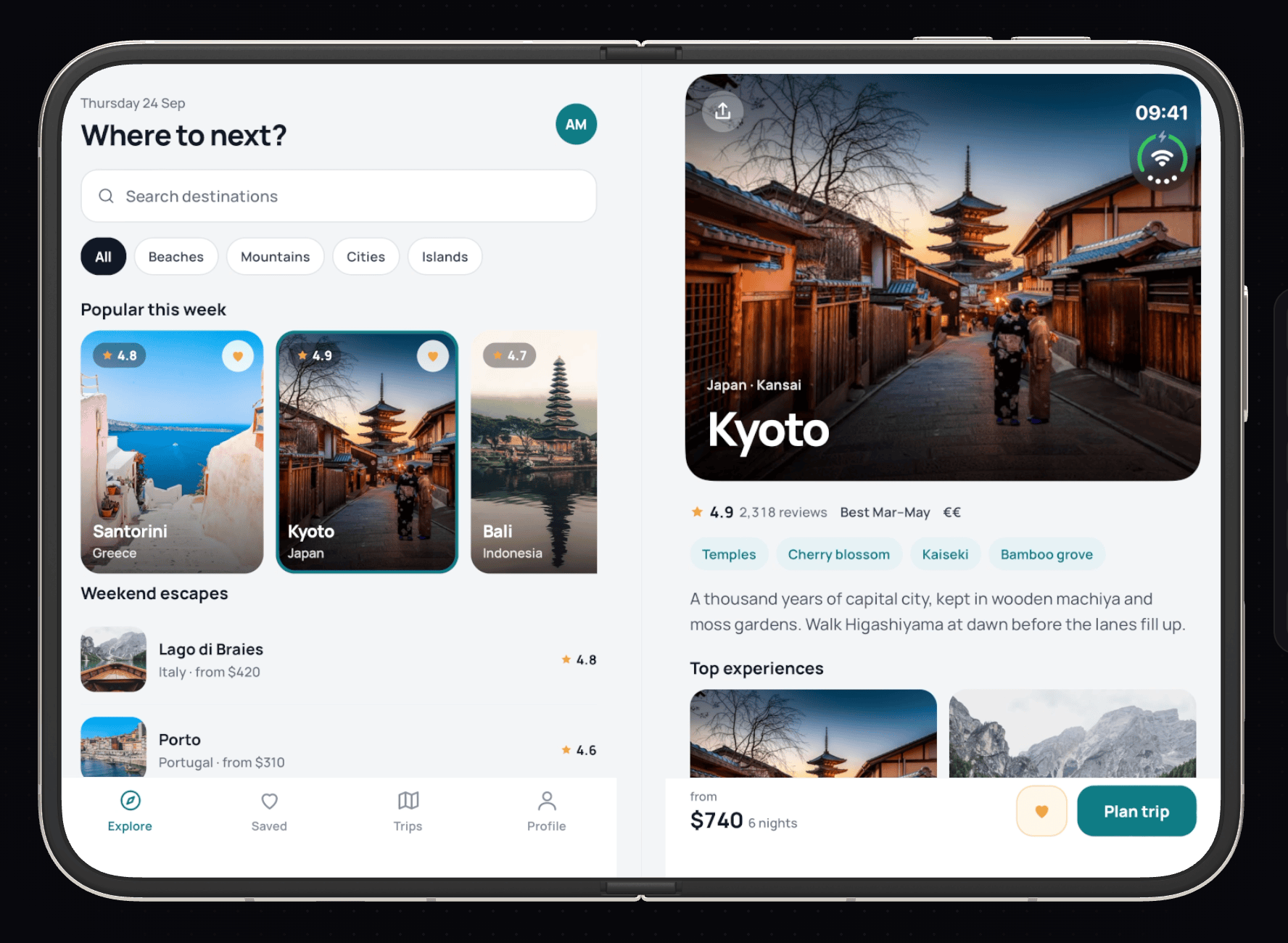 The iPhone Duo simulator opened flat in landscape, with the Atlas travel app split across the two panes of the inner screen
