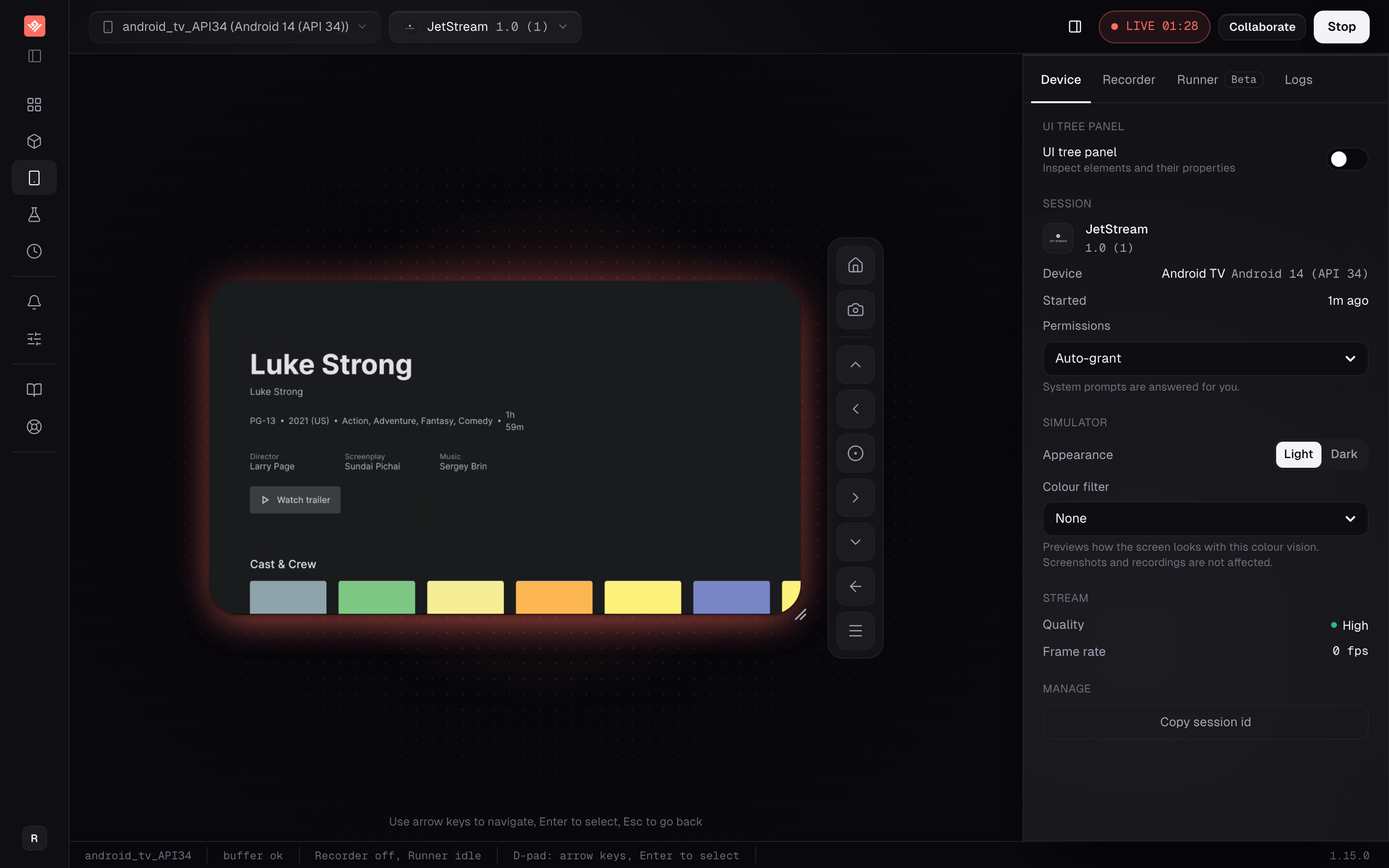 JetStream running in an Android TV sandbox session with the on-screen directional remote beside a title detail page.