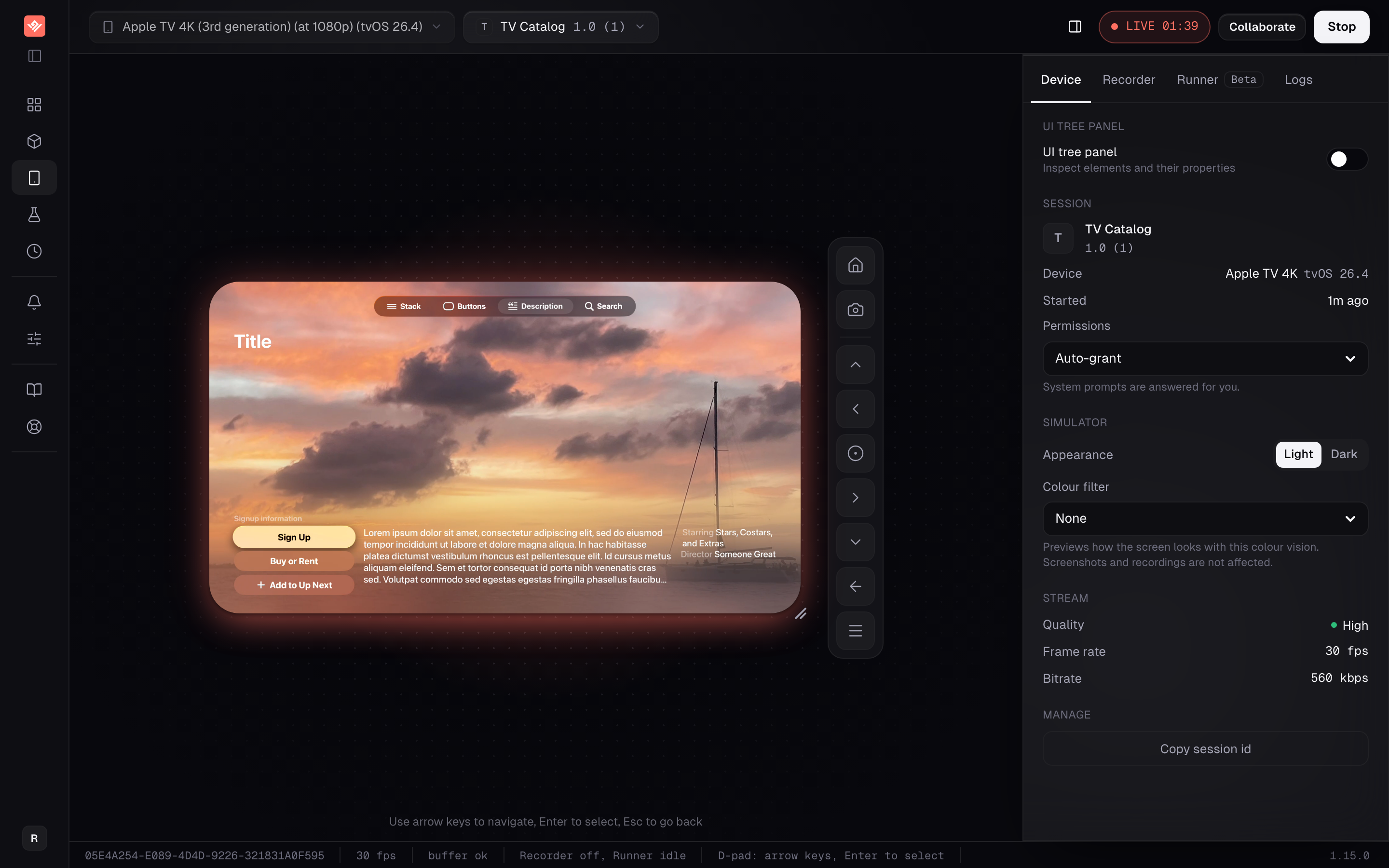 The TV Catalog sample running on an Apple TV simulator in the VibeView sandbox, with the on-screen remote beside the screen.