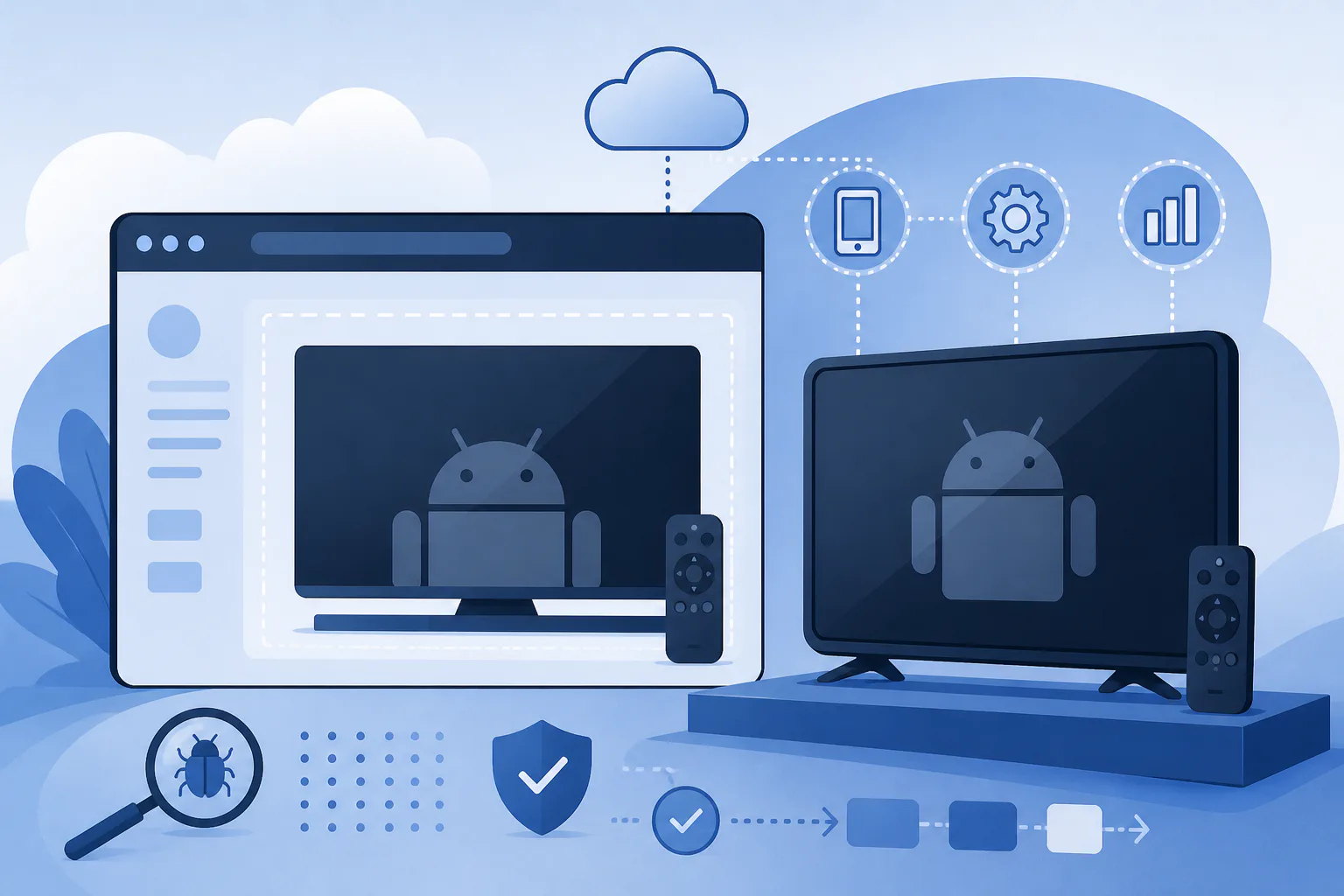 An Android TV interface streaming into a browser window, with a focus cursor moving between tiles in a row