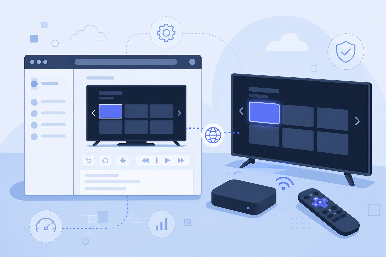 A Roku television interface streaming into a browser window, with a remote-control key overlay beside it
